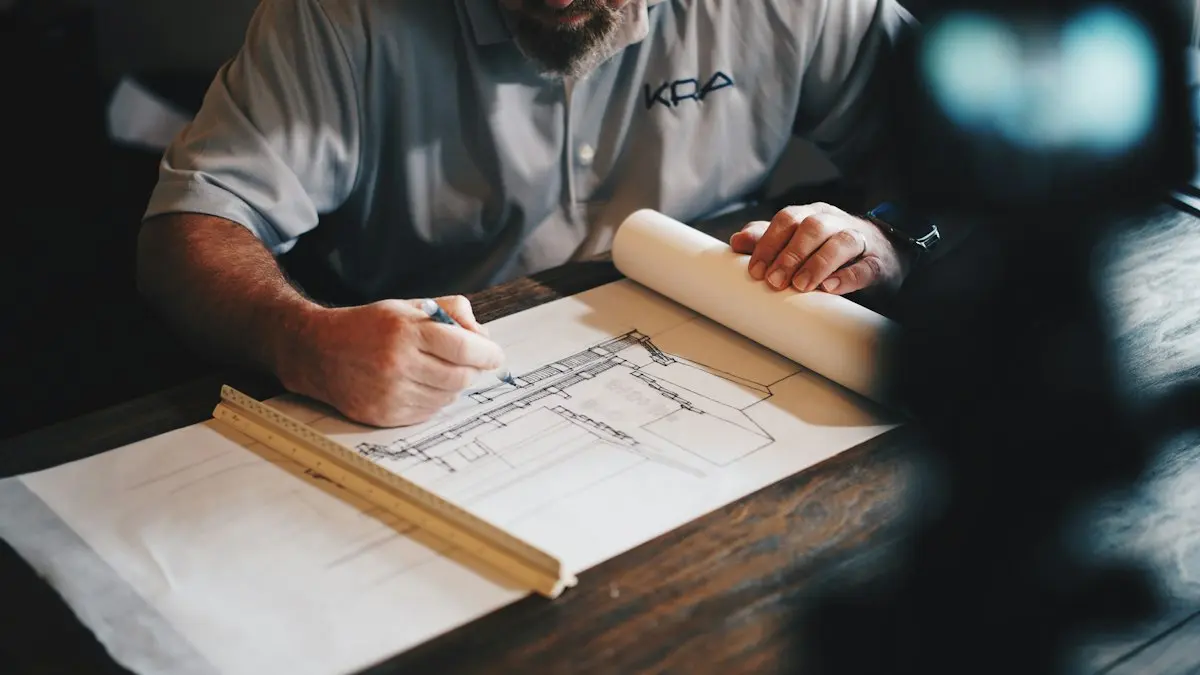 Progetto architettonico e rilievo tecnico su tavolo di lavoro